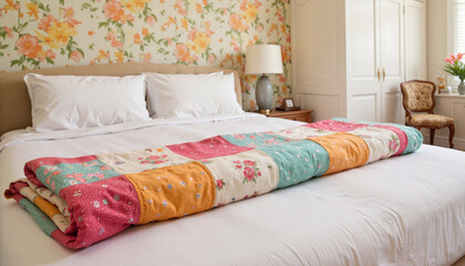 Cozy bedroom with colorful quilt on bed against floral wallpaper  