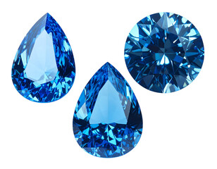 Fototapeta premium Three vibrant blue gemstones, pear and round cuts, showcasing brilliance and facets