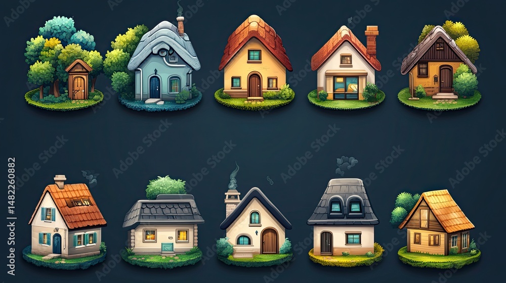 Poster a set of vector icons representing various types of homes.