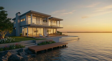 Modern waterfront home at sunset