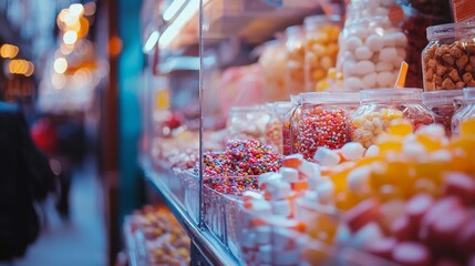 Candy display at street market in pastel shades and pink blue background festive vibe