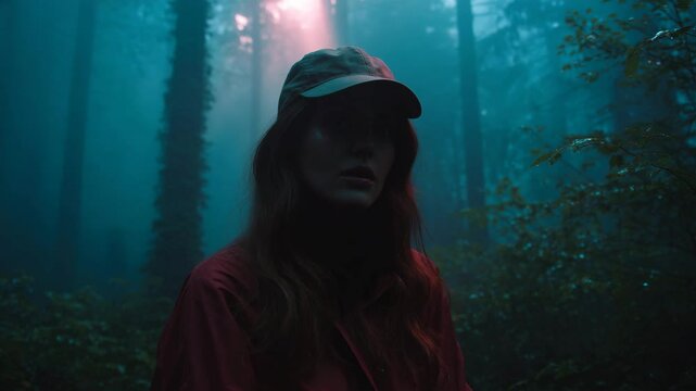 4K Cinematic Portrait of Red-Haired Woman in Hat Walking Through Dark Forest | Enigmatic Perfume Ad Style