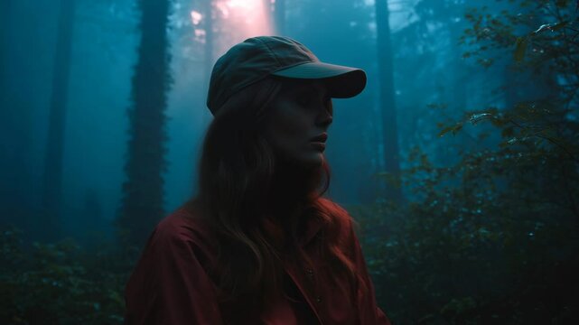 4K Fashion Close-Up of Woman with Red Hair and Hat in Mystical Forest | Scene with Dreamlike Ambience