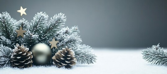Christmas Background With Snowy Fir Tree Branch, Silver Ornaments And Star Decorations On Grey.