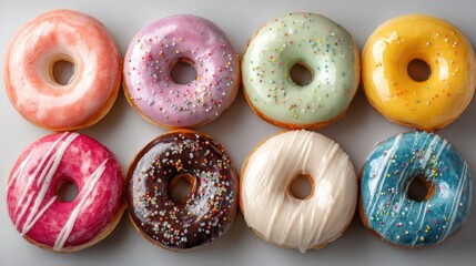 Eight colorful donuts arranged in two rows on a light surface.