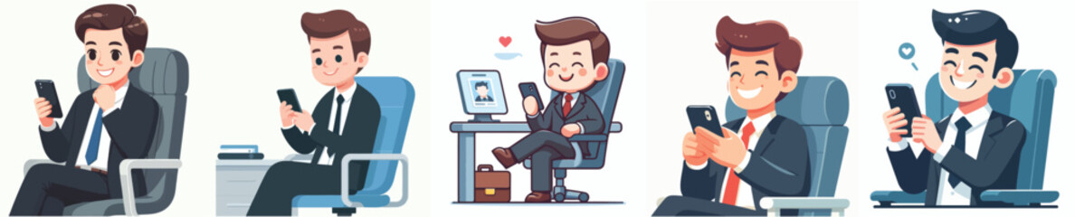 vector businessman sitting on chair playing cellphone