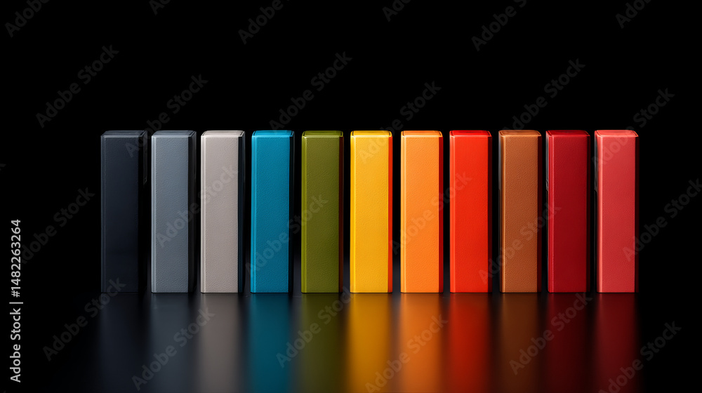 Poster a vibrant line of colorful blocks arranged in a harmonious gradient on a black background.