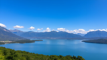 Naklejka premium Serenene landscape of a tranquil lake surrounded by lush greenery and majestic mountains under a clear blue sky with a few puffy clouds.