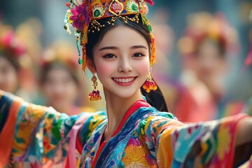 Obraz premium Vibrant traditional dancer in colorful attire performing at a cultural festival with joyful crowd