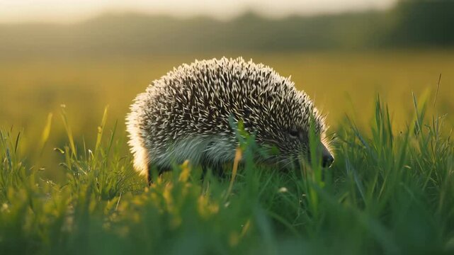 Cute young wild brown hedgehog in the grass