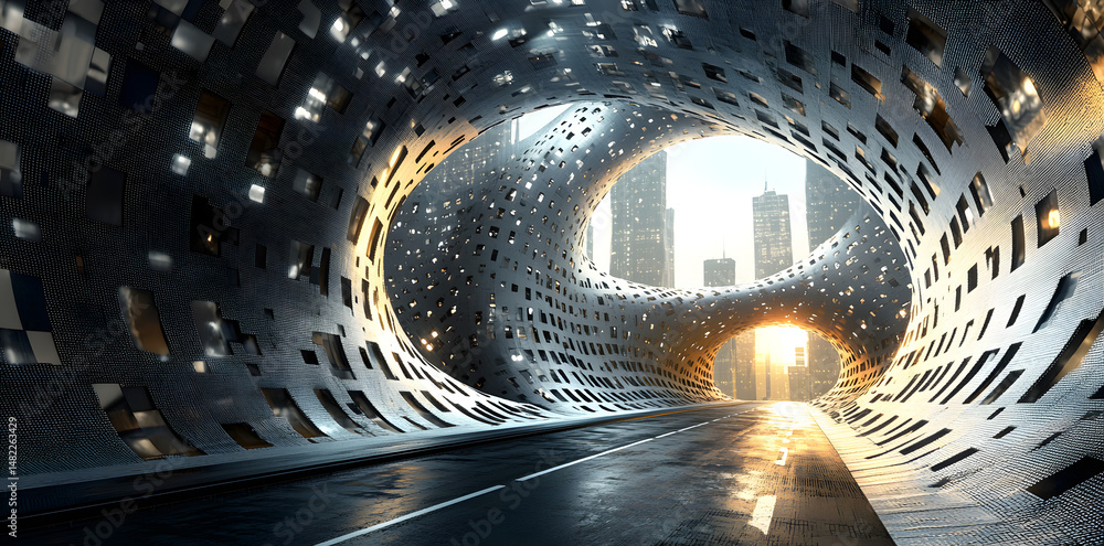 Poster a visualization depicting an abstract highway through digital binary structures in an urban setting,