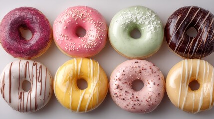 Eight colorful donuts with different toppings arranged in two rows on white surface.