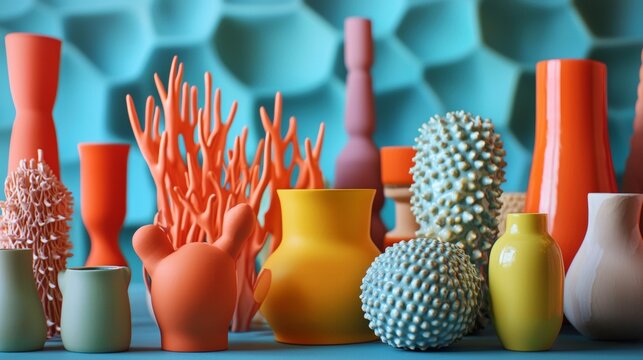 Modern ceramic vases in various colors and shapes arranged in playful geometric decor layout