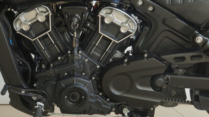 Closeup of a powerful motorcycle engine, highlighting its intricate design and advanced technology