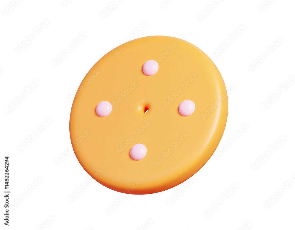 Poster a 3d-rendered image of a round, orange cracker with three white dots