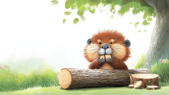 A resourceful beaver gnawing absentmindedly on imaginary woodwork while nodding off gradually, ingenuity acknowledged appreciatively