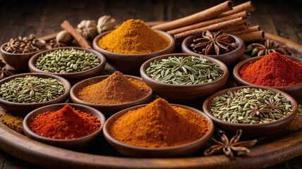 Fototapeta premium Assortment of vibrant ground and whole spices in rustic wooden bowls on a dark wooden background, showcasing the rich colors and textures of traditional culinary ingredients