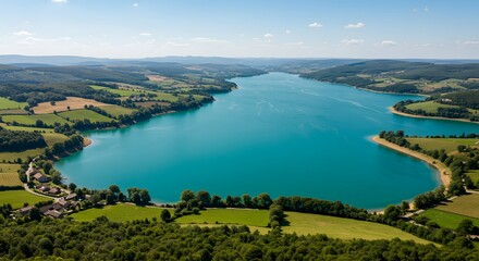 Aerial View of Blue Lake Surrounded by Rolling Hills and Green Fields
