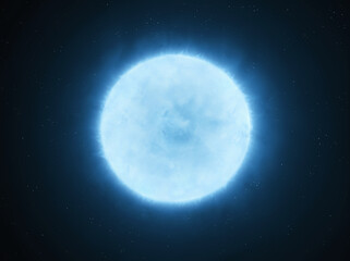 Radiant blue giant in space. Hot massive star on a black background. Star with high surface temperature.