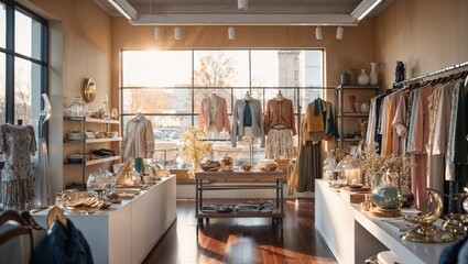 A cozy boutique store glows with soft afternoon light, showcasing elegant clothing, artisan decor, and homeware in a warm, welcoming retail space filled with charm and seasonal style