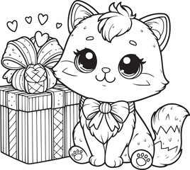 Kitten on gift boxes, surrounded by floating hearts.