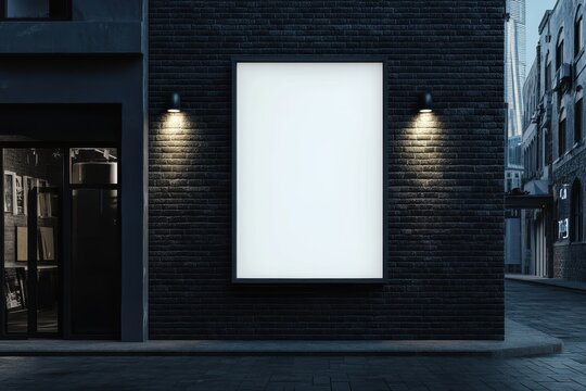 Blank billboard on dark brick building at night (1)
