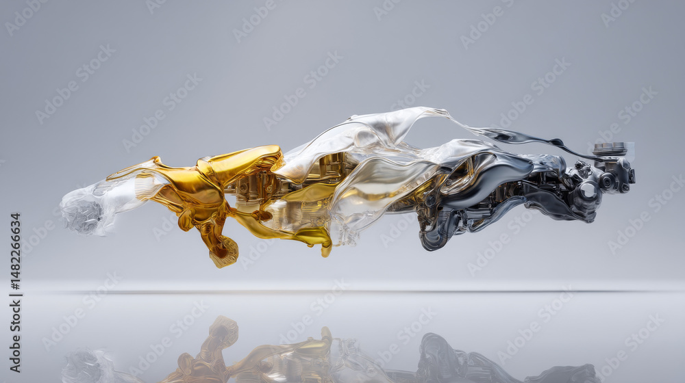 Poster abstract fluid shapes in gold, silver, and clear colors, creating a dynamic visual effect.