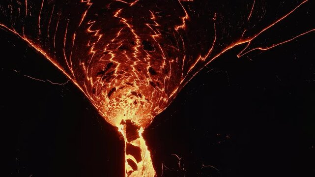 Active volcano lava river, panoramic aerial view, epic pattern, drone video footage