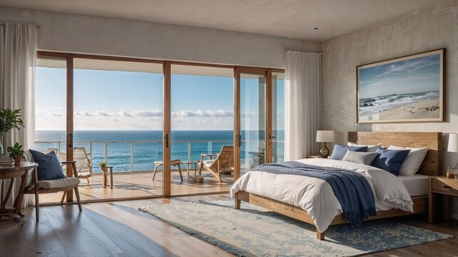 Serene bedroom with a panoramic ocean view, featuring minimalist coastal decor, soft blue tones, and natural wood, perfect for a peaceful seaside retreat or luxury vacation inspiration