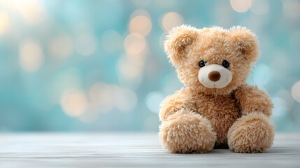 Brown plush teddy bear on the left with cozy blanket and soft natural lighting