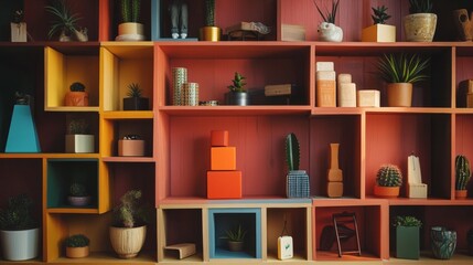 Colorful geometric shelf arrangement with decor plants books and pastel objects in modern interior scene