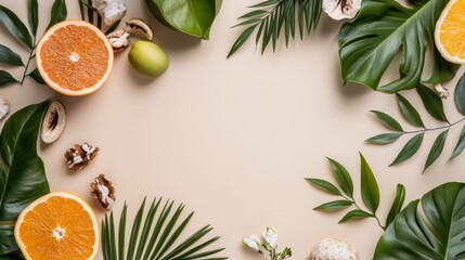 Tropical citrus fruit frame with palm leaves on pastel cream background in top view scene