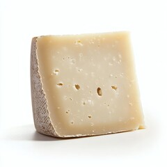 A yellow piece of dairy cheese with holes, a healthy food product, is isolated on white