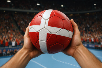 Close-Up of Danish Flag Handball Held in Arena. Sports Fan Atmosphere in Indoor Stadium