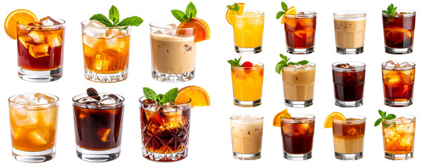 A variety of different cocktails, such as whiskey and coffee with fruit slices, mint leaves, and ice cubes in glass tumblers, isolated on a transparent background