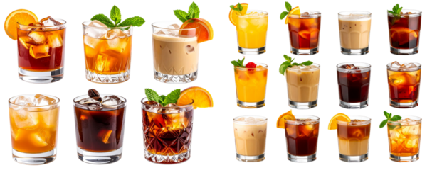 A variety of different cocktails, such as whiskey and coffee with fruit slices, mint leaves, and ice cubes in glass tumblers, isolated on a transparent background