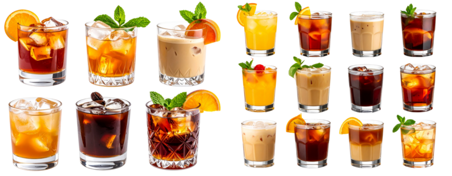A variety of different cocktails, such as whiskey and coffee with fruit slices, mint leaves, and ice cubes in glass tumblers, isolated on a transparent background
