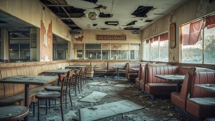 Dusty, dilapidated diner with torn booths, broken ceiling, and vintage decor tells a story of abandonment, nostalgia, and the passage of time in forgotten Americana