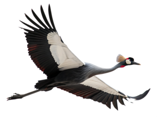 Magnificent african grey crowned crane in flight displaying stunning wing span and color