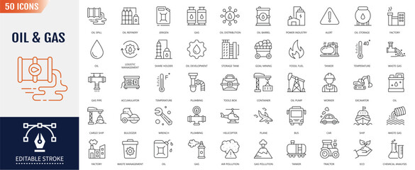 Oil and Gas line editable icon set. Containing fuel, refinery, petroleum, oil well, gas pump, offshore platform, lubricant, oil barrel and more. Vector illustration