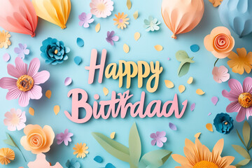 Eight festive colorful balloons with happy birth day tax, Colorful Hot Air Balloons, Birthday decorations on blue background