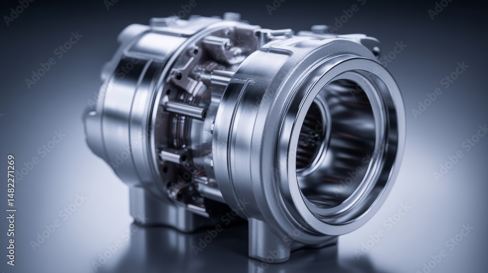 Poster close-up of a detailed metallic turbine component showcasing precision engineering.