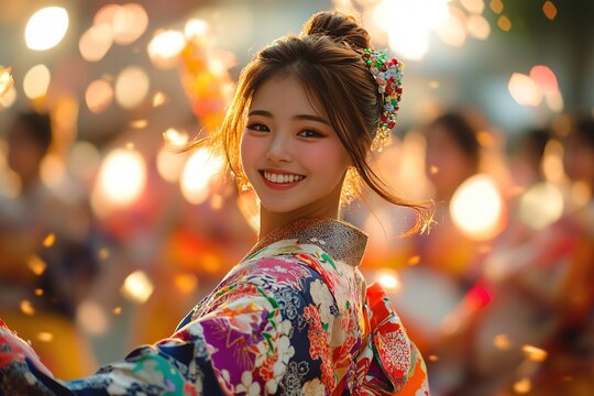 A joyful woman in a colorful kimono smiles amidst a vibrant festival with glowing lights