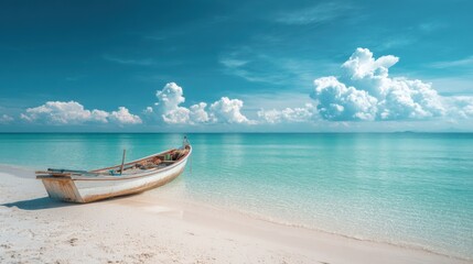 Fototapeta premium Boat on white sand beach with turquoise water and cloudy sky.