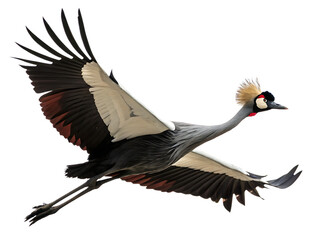 Majestic grey crowned crane in full flight against a dramatic isolated on white background © khaledSaifulllah