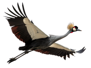 Majestic grey crowned crane in full flight against a dramatic isolated on white background