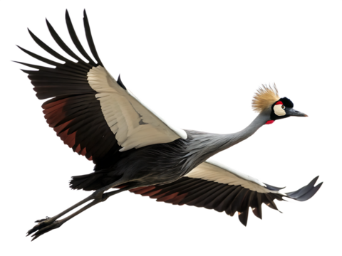 Majestic grey crowned crane in full flight against a dramatic isolated on white background