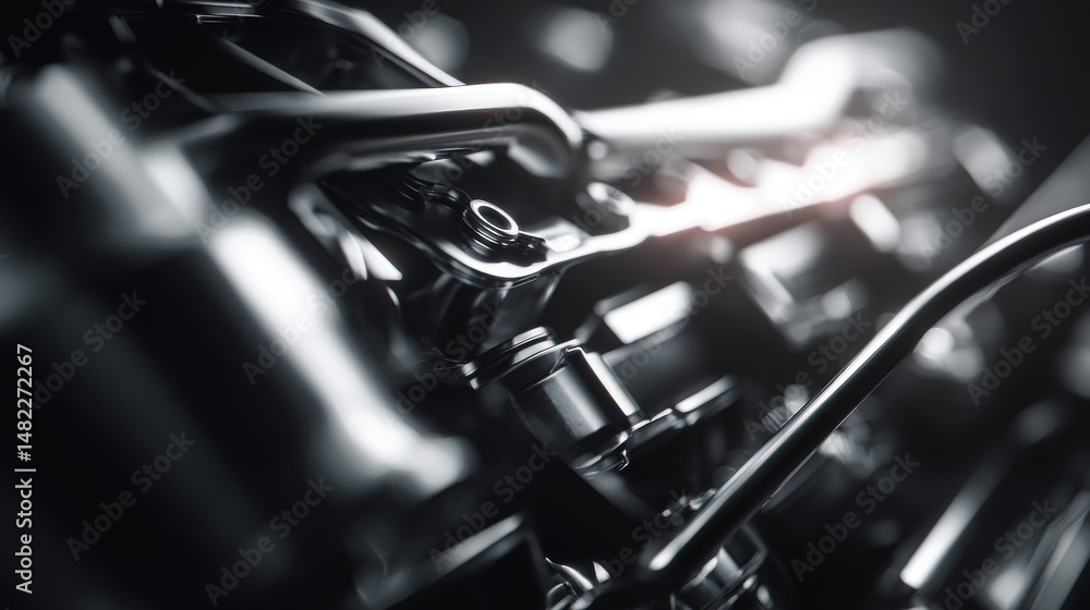 Poster close-up of a mechanical engine component showcasing intricate details and textures.