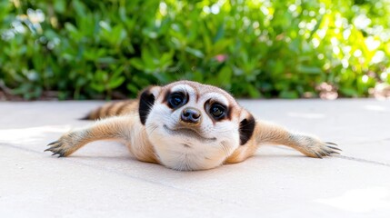 A curious meerkat lying flat on its belly while dozing off, engaging pose designed for eye-catching advertisements