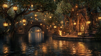Enchanted waterway illuminated by glowing lanterns and fantasy architecture